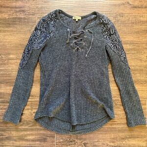 Democracy Y2K Floral Lace Design Long Sleeve Women's Large Top